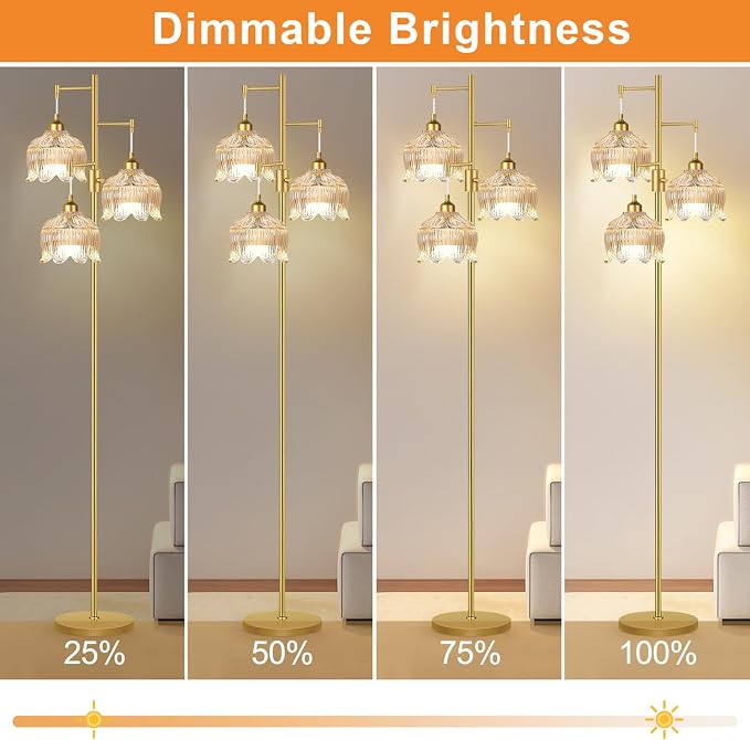 Dimmable Floor Lamps for Living Room Bedroom,Gold Floor Lamp with Glass Lampshape 3 Color Temperatures, Flower Mid Century Modern Standing Lamp Glass Tall Floor Lamps for Living Room Bedroom,Corner