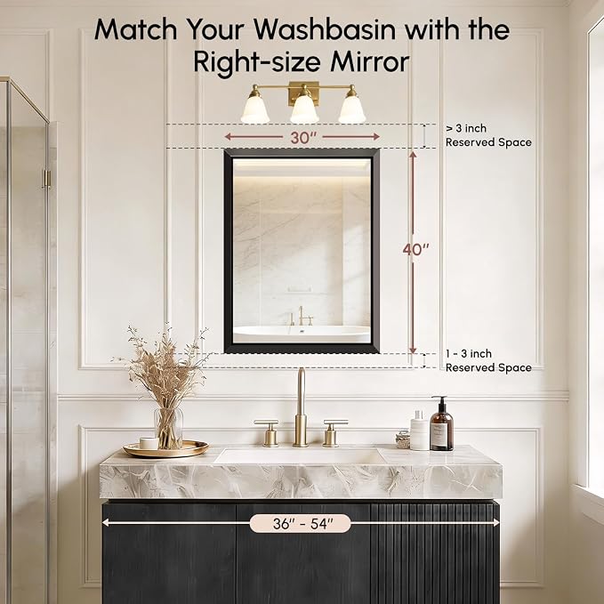 USHOWER 30x40 Inch Floating Bathroom Mirror - Brushed Black Wall Mirror for Over Sink, Beveled Aluminum Frame, Anti-Rust, Rectangular HD Reflection Large Vanity Mirror(Copper-Free Silver Coating)