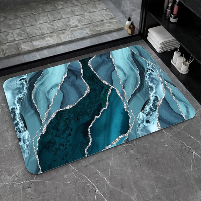 Diatomaceous Earth Bath Mat,Blue and Silver Marble Non-Slip Volume Super Absorbent Fast Drying for Bathroom Kitchen Door mat,Eco-Friendly Easy to Clean 17×27.5Inch (43 * 70cm)