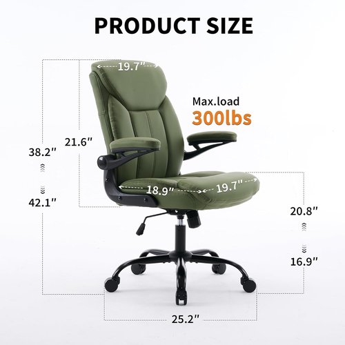 Comfy Ergonomic Desk Chair by Home Office | Adjustable Leather Executive Chair with Flip-Up Armrests & 360° Swivel (Green)