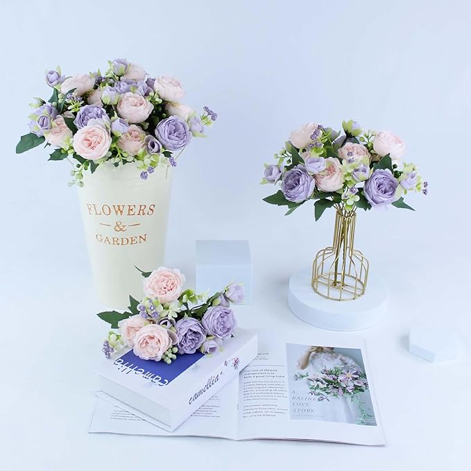 8 Bundles Peonies Artificial Flowers Silk Peonies Faux Flowers Fake Peonies Artificial Flowers Peonies Bouquet for Table Centerpieces Decoration Wedding Decor Home Party Decor (Pink and Purple)