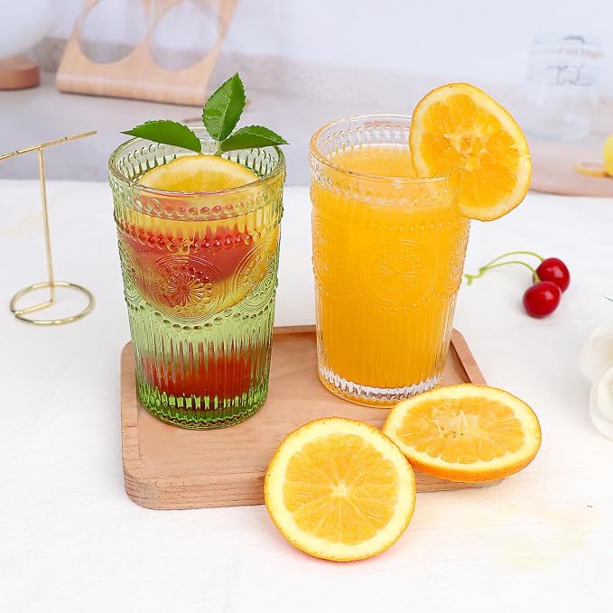 Loivttvv 6pcs Vintage Drinking Glasses Set, 12 oz Green Highball Glasses, Embossed Ribbed Glassware Cups for Cocktail, Water, Juice, Coffee, Whiskey
