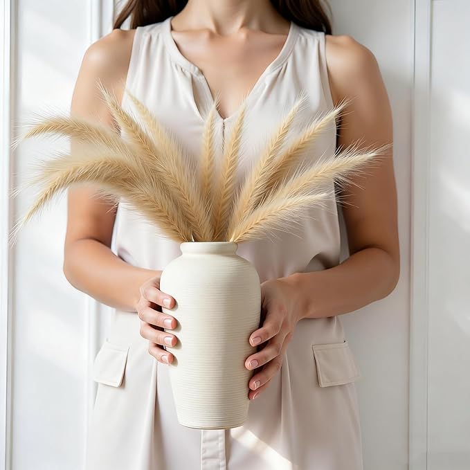 Large Ceramic Vase, 11 inch Minimalist Vase for Home Decor, Handmade Farmhouse Flower Vase for Table Centerpiece, Wedding, Living Room, Kitchen Decoration, Shelf Decor (Rice White)