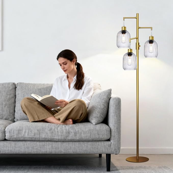 Modern Standing Lamps for Living Room, Floor Lamp with Clear Ribbed Glass Shade, Dimmable Tree Lamp Standing Lamp, Mid Century Tall Lamps with 3×600LM LED Bulbs
