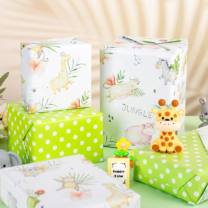 Burymento Animal Wrapping Paper, Reversible Dot Design Gift Wrap for Baby Shower, Birthday, Valentines, Mothers day, Graduation, Wedding, Fathers day, Christmas (17 Inch X 32.8 Feet)