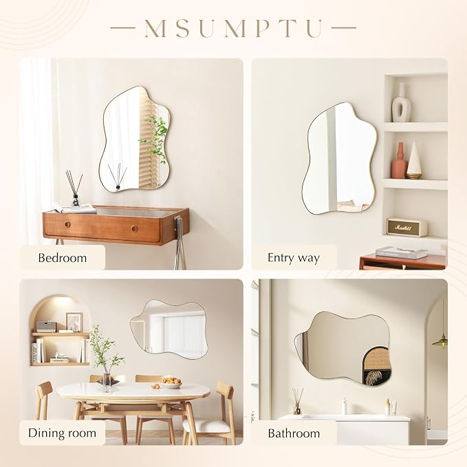 Irregular Wall Mirror Gold Wave Shaped Metal Framed Wall Mirror for Bathroom Bedroom Entryway Living Room Wall Decor 30.5" L x 23" W 2303Gold