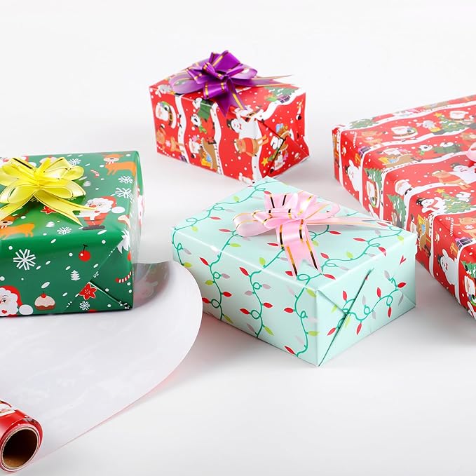 Miss DuiDui Green Red Christmas Wrapping Paper, 3 Rolls, 17 inch x 9.8 ft, Holiday Santa and Reindeer Design for Girls Kids Boys, Christmas, Party, Holiday