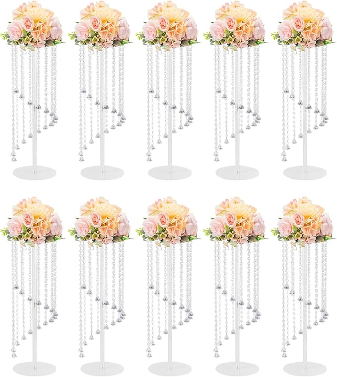 10 Pcs 23.6 Inch Acrylic Crystal Flower Stands, Tall Wedding Centerpieces for Tables with Crystal Chains, Clear Modern Flower Vase Stands for Party Event Home Hotel Decor
