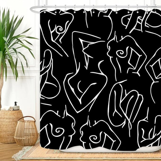 Black White Shower Curtain Abstract Woman Naked Nude Line Minimalist Sexy Girls Modern Art Decor Aesthetic Fabric for Home Bathroom Waterproof Fabric 72Lx60W Inch with Plastic 12PCS Hooks