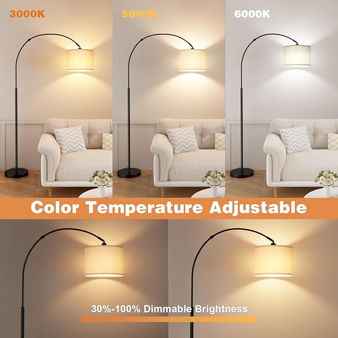 Ambimall 70 Dimmable Arc Floor Lamp with Remote, Color Temperatures and Brightness Adjustable, Arched Floor Lamp with Rotating Head, Over Couch Arched Light for Living Room (Deep Beige and Black)