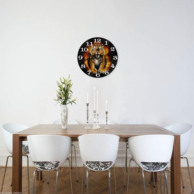 Roar Tiger Wall Clock Battery Operated Silent Round Clock Animal Wall Decor for Home, Office, School 9.8 Inch