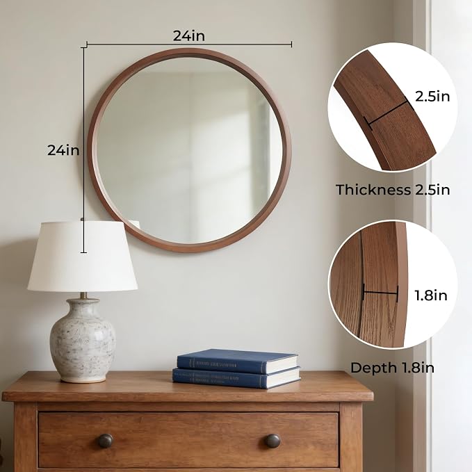 WallBeyond 24 Inch Round Wood Mirror, Circle Wooden Frame Wall Mirror for Bathroom, Living Room, Bedroom, Entryway (Walnut)