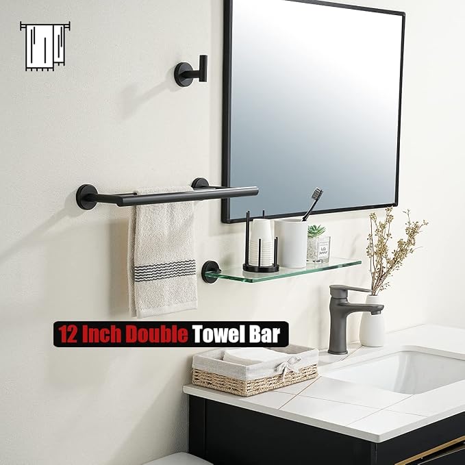 JQK Double Towel Bar Black, 15 Inch 304 Stainless Steel Thicken 0.8mm Towel Rack Holder for Bathroom Washcloths and Hand Towels, Matte Black Wall Mount, Useable Length 12 Inch, TB100L12-PB