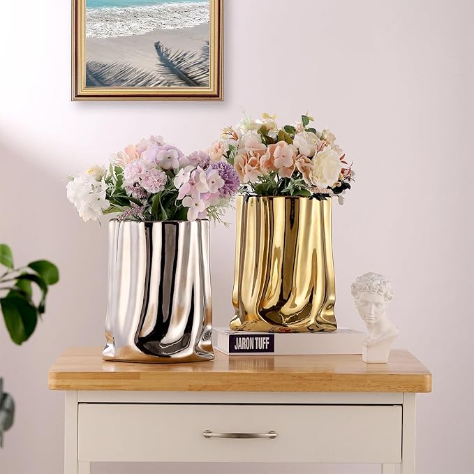 VanEnjoy Large Gold & Silver Ceramic Vases - Wide Mouth Home Decor, Chrome Handbag Vase