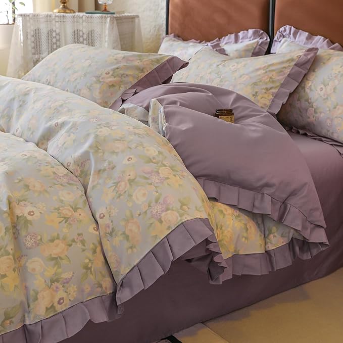Garden Style Flower Duvet Cover with Purple Ruffles Vintage Floral Duvet Cover 100% Cotton Princess Lace Bedding Set Botanical Flower Comforter Cover Boho Cottagecore Bedding Cover with Zipper Ties