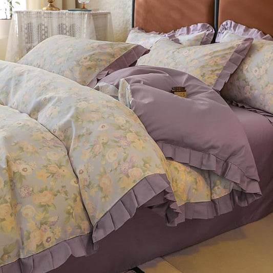 Purple Ruffle Duvet Covet Set Queen Cute Flower Comforter Cover Princess Style Lace Bedding Set Vintage Floral Duvet Cover for Teen Girls Romantic Ruffle Comforter Cover Floral Aesthetic Bedding Set
