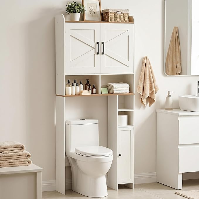 Homhedy Over The Toilet Storage Cabinet with 2 Barn Door and Toilet Paper Holder Stand, FreeStanding Toilet Shelf Space Saver, for Bathroom, Restroom, Laundry, Rustic White and Brown