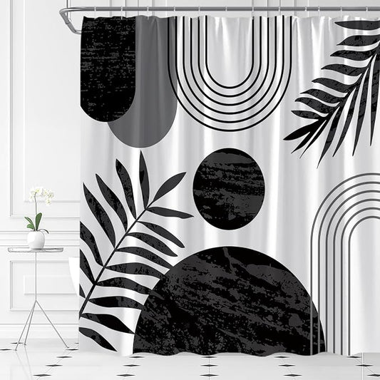 Mid Century Modern Shower Curtain Boho Black and White Abstract Retro Aesthetic Fabric for Bathroom Decor Bathtub with Hooks (70" WX70 H)