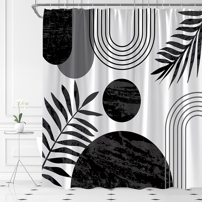 Mid Century Modern Shower Curtain Boho Black and White Abstract Retro Aesthetic Fabric for Bathroom Decor Bathtub with Hooks (67" WX70 H)