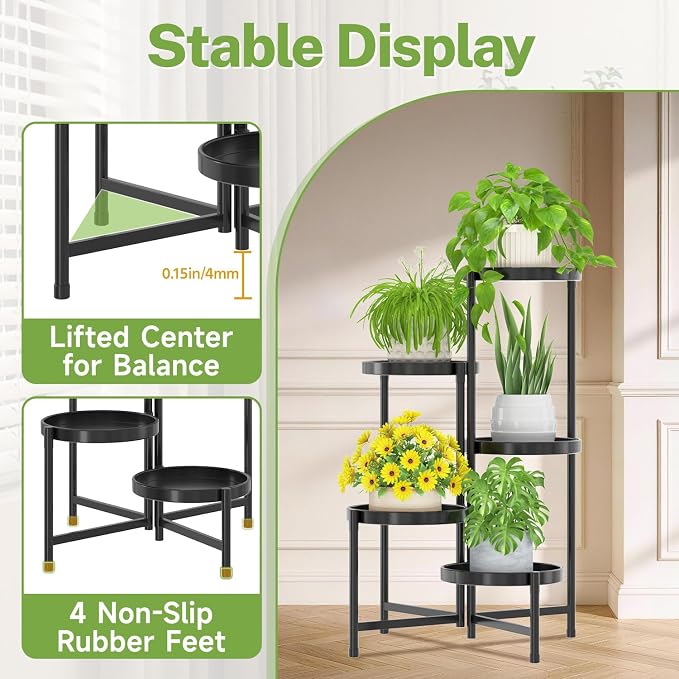 iDavosic.ly 5 Tier Large Plant Stand Indoor with Grow Light, Tiered Corner Metal Outdoor Flower Display Holder Shelf with 10 Inch Wide Tray, Folding Tall Rack for Patio Porch Living Room, Black