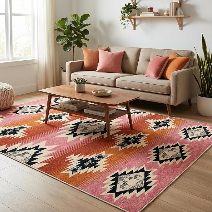 5x7 Area Rugs for Living Room: Blush Pink & Terracotta Tribal Southwestern Zebra Geometric Area Rug Washable Non-Slip Backing for Living Room Bedroom Leisure Area Decor