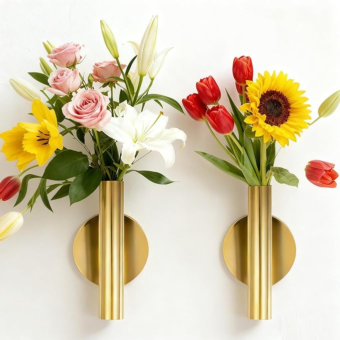 2 Pack Gold Circular Wall Vases for Flowers, Metal Hanging Wall Planters for Modern Home Decor, Hanging Flower Vase Holder for Faux & Dried Flowers, Wall Planters for Living Room & Bedroom Decor