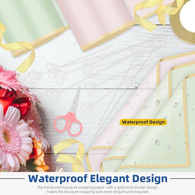 Glarks 52pcs Flower Wrapping Paper Set, Including 40 Sheets Pink and Blue Waterproof Bouquet Wrapping Paper, 10pcs Floral Pick Card Holders, 1 Roll Ribbon and 1pcs Pink Scissors for Flower Shop