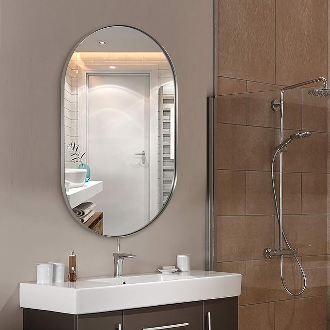 ANDY STAR Brushed Nickel Oval Bathroom Mirror, 24x36 Nickel Pill-Shaped Mirror, Oval Mirrors Wall-Mounted Mirror Vertical/Horizontal