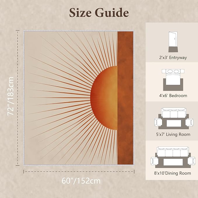 Sunburst Area Rug 5x6, Retro Sun Design Rug, Mid Century Modern Carpet for Living Room Bedroom, Soft Non Slip Washable Area Rug