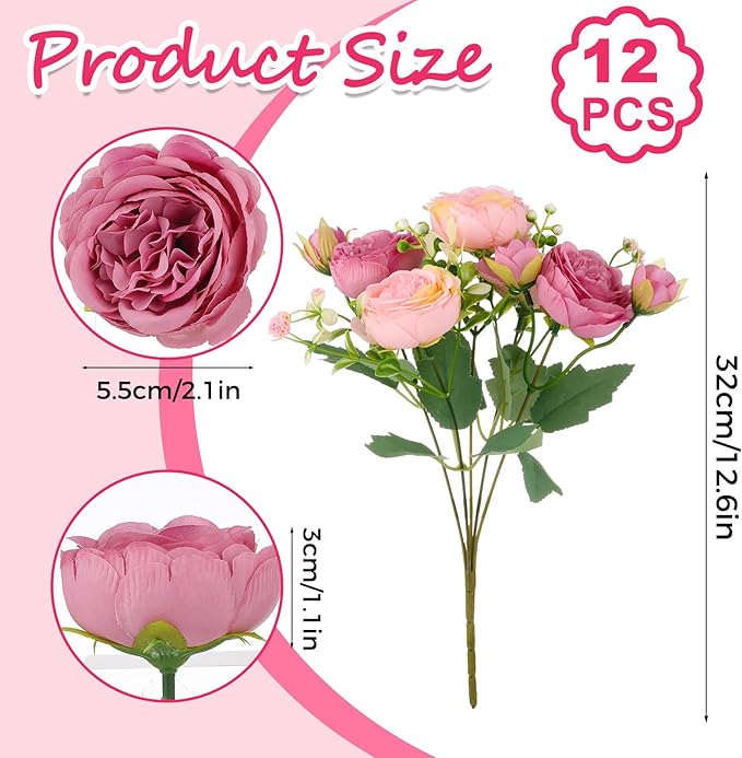 Olgaa 12 Bundles Peonies Artificial Flowers Artificial Peonies Silk Flowers Bulk Fake Peony Bouquet for Bridal Shower Decorations Wedding Table Centerpiece (Pink)