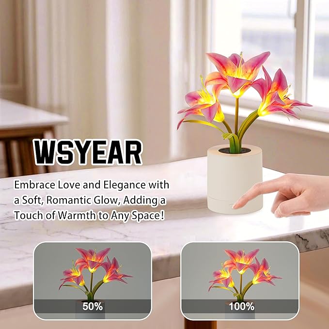 WSYEAR Pink Morning Glory Flowers Table Lamp, Charging Dimmable Cordless Artificial Flower Night Light, Bedroom Office Decor Night Light, Christmas Birthday Gifts for Women Mom
