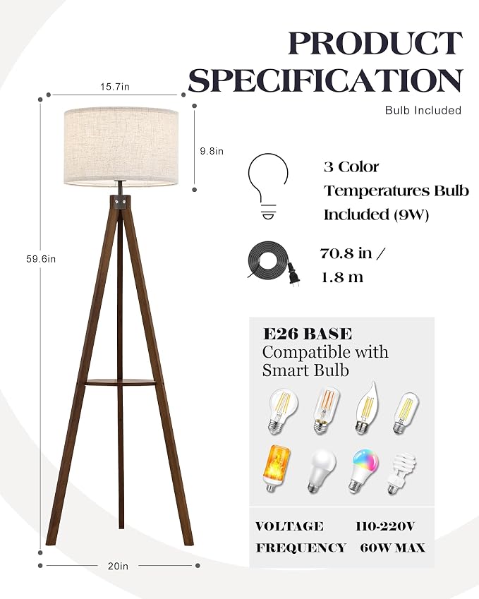 ELYONA Tripod Floor Lamp with Table, Mid Century Wood Shelf Standing Light Modern Tall Floor Lamp with Linen Shade for Living Room Bedroom Office,Dark Brown, 3 Color Temperatures LED Bulb Include