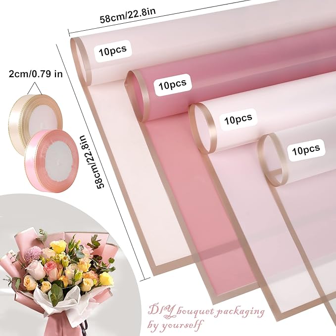Kosotody 40 Sheets Pink Color Flower Wrapping Paper Gold Edge Waterproof Florist Bouquet Supplies Flower Paper for Bouquets DIY Crafts Packaging, 22.8x22.8 inch (Pink series)…