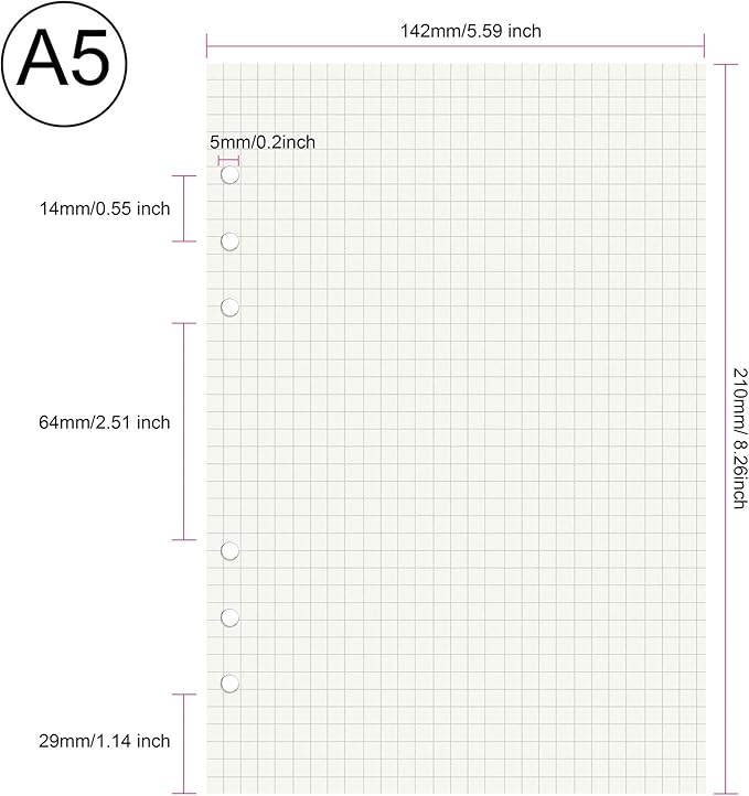 135 Sheets Planner Refill Paper, 210x142mm, 5mm Squared Inserts Paper A5 6 Holes Binder Grid Notepaper for Filofax Bullet Journals Diary