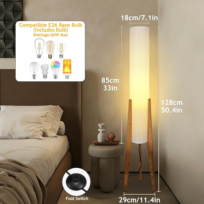 Wabi-sabi 50" Wooden Tripod Floor Lamp Linen Floor Lamp Paper Lantern Inspired Fabric Standing Lamp With E26 3-Color Temperatures Solid Wood Tall Light For Living Room Bedroom (Includes Bulb)