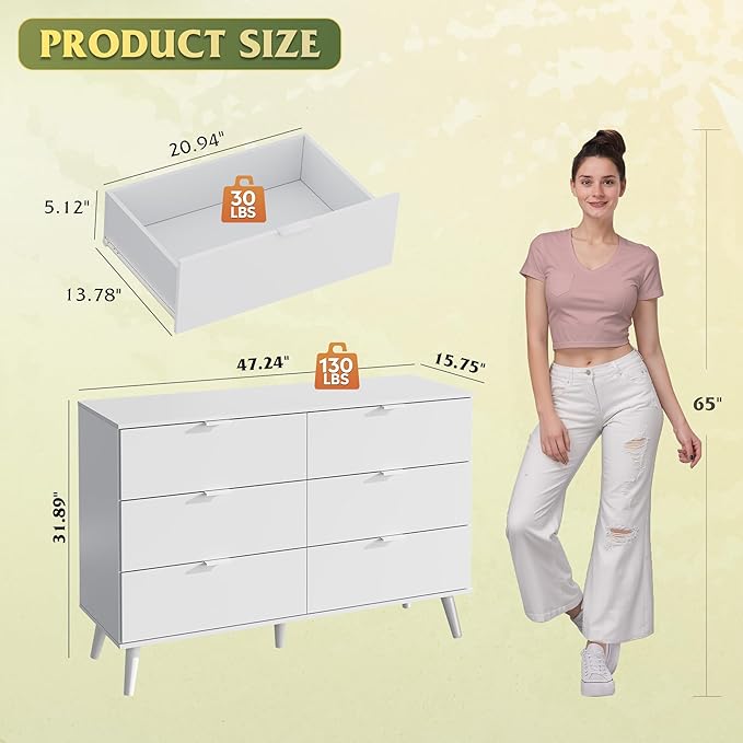 WLIVE 6 Drawer Dresser for Bedroom, 47.24'' Wide Wooden White Dresser, Storage Organizer with Sturdy Metal Handle, TV Stand for 55 inch TV, Chest of Drawers for Living Room, Hallway, Closet