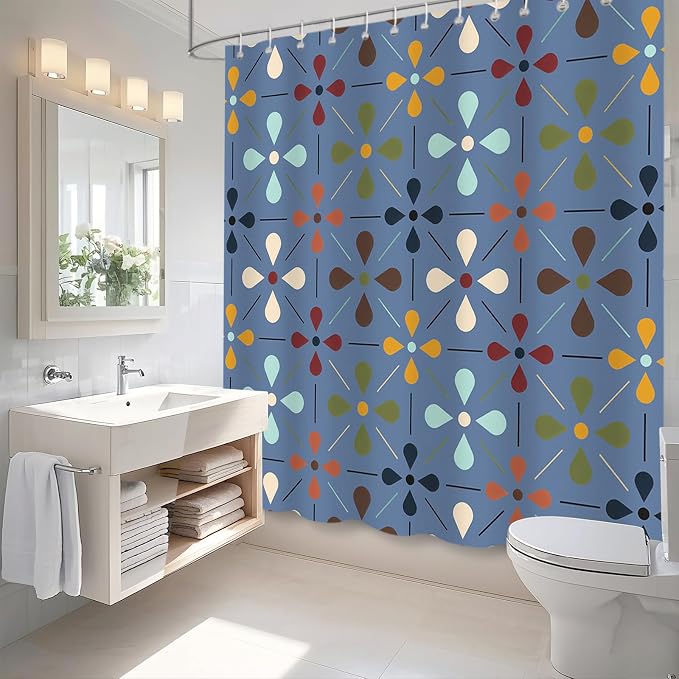 APROPHIC Mid Century Retro Shower Curtain 72x72 Inches, Vintage Geometric Pattern Bathroom Curtain with Hooks, Waterproof Polyester Fabric for Bath Shower, Machine Washable Home Decor, Navy Blue