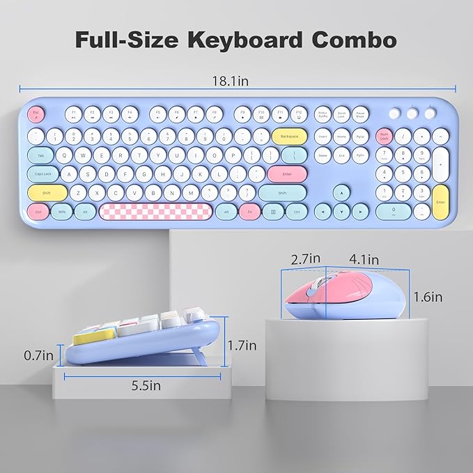 Wireless Keyboard and Mouse Combo for Windows, MOWUX 2.4G Full-Sized External Cordless Computer Keyboard, Compact Mouse, 8 Multimedia and Shortcut Keys, for PC, Laptop - Light Blue Colorful