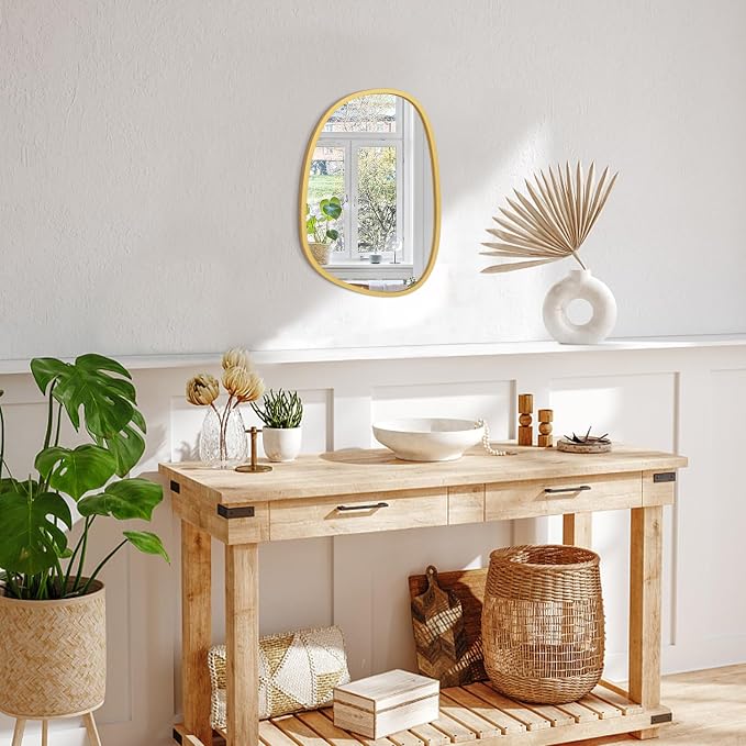 Irregular Wooden Framed Mirror for Wall Modern Asymmetrical Unique Hanging Mirror Artistic Unique Oval Shape Wall Mirror Decor Bathroom Vanity Bedroom Living Room Entryway Hallway Small