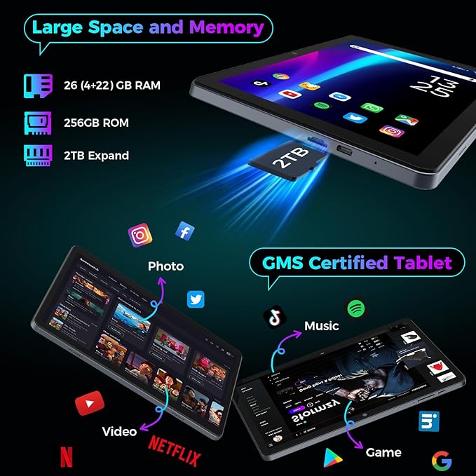 2026 Android 15 Tablet with Keyboard, 26GB RAM, 256GB ROM(2TB Expand), 10 inch tablet with Octa-core, Gemini AI, 8000mAh, 2.4G/5G WiFi, BT 5.0, 5MP+13MP, Tablets with Case, Mouse, Stylus (Black Case)