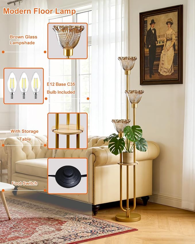 Lightdot Glass Floor Lamp for Living Room Gold with Amber Glass Shade & 3000K Bulbs Included 3-Lights Modern Tall Standing Lamp with 5Lbs Heavy Base for Bedroom/Sofa Beside/Corner Decor/Party
