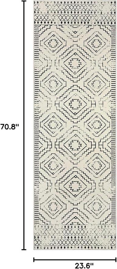 Wonnitar Moroccan Washable 2x6 Runner Rug for Hallways, Non-Skid Carpet Runners for Kitchen, Boho Farmhouse White Non-Shedding Laundry Room Throw Mat for Bathroom Closet Bedroom (Beige,2'x6')