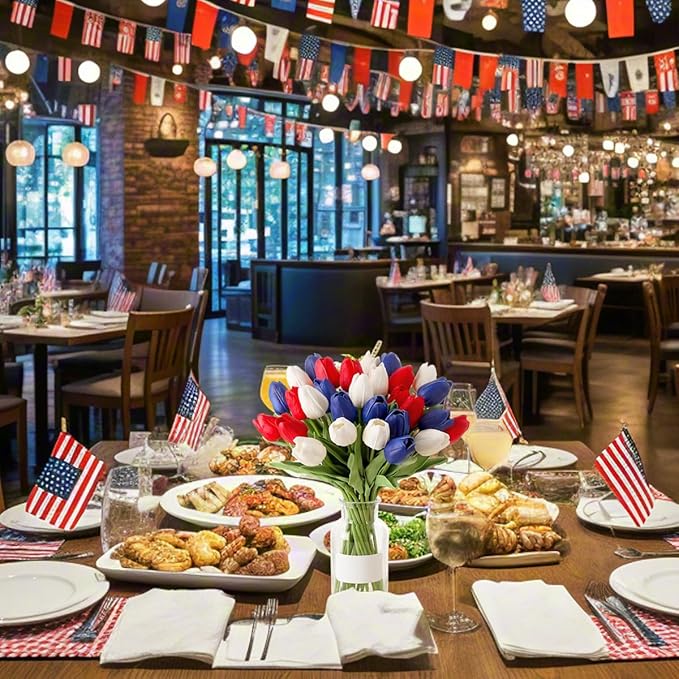 20pcs Artificial Tulips Patriotic Flowers for 4th of July Decor Fake Tulip Independence Day Slik Tulips Memorial Day Table Centerpiece Decor(Red White and Blue Flowers)