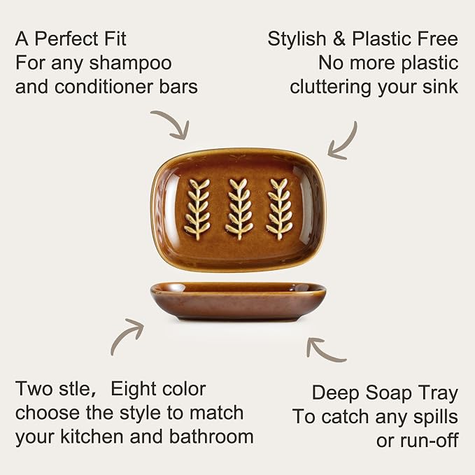 Miamolo Soap Dish for Shower, Ceramic Soap Holder Soap Dishes for Large Bar Soap Sponge, Decorative Soap Saver Tray for Bathroom Kitchen Sink Bathtub, Pro-Environment, Extend Soap Life, Dark Brown