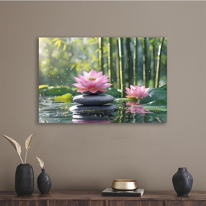 Ethereal pink lotus on obsidian Sunlit bamboo forest with sparkling water drops Poetic nature inspired wall art for tranquil homes and mindful spaces 24x36in Frameless