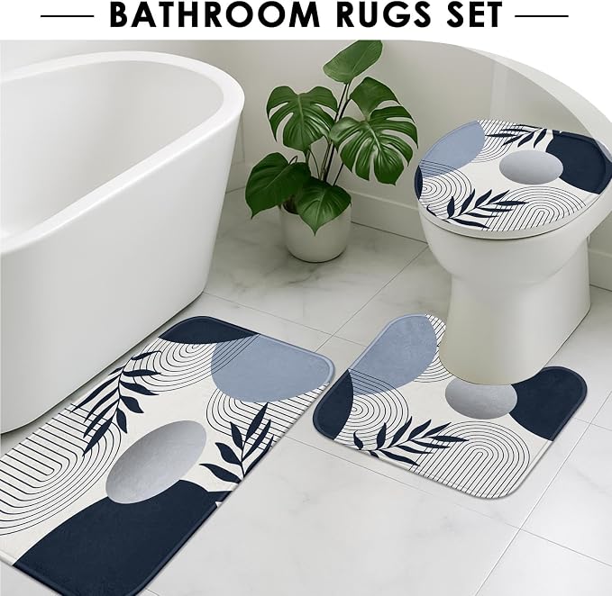 Boho Navy Blue and Grey Shower Curtain Set with Toilet Lid Cover and Non-Slip Rugs, Modern Minimalist Geometric Mid Century Abstract Leaf 4 Pcs Shower Curtain for Bathroom Set with 12 Hooks
