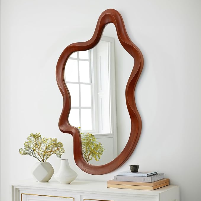 Irregular Wall Mirror,21"x 32"Asymmetrical Mirror Wood,Wooden Framed Wall Mirror,Modern Large Vanity Bathroom Mirror,Walnut Wavy Mirror for Entryway,Bedroom,Living Room,Washroom