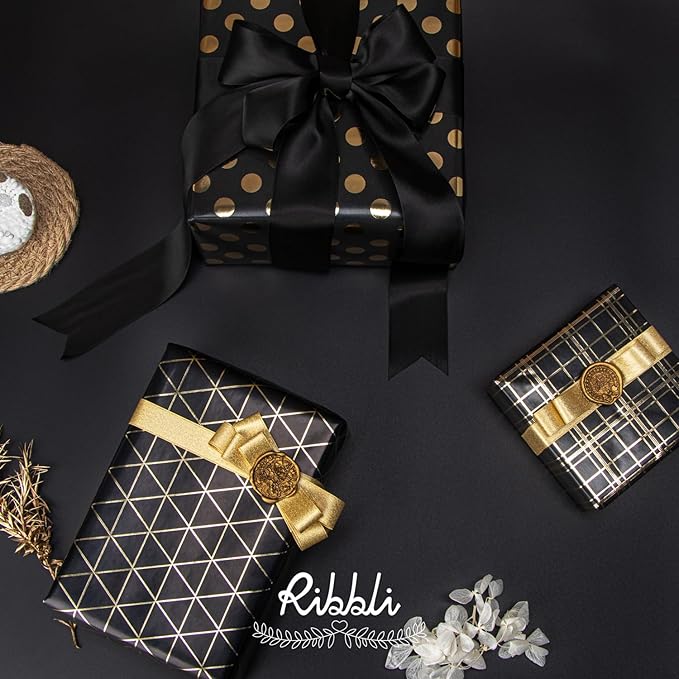 Ribbli Birthday Wrapping Paper Black and Gold Gift Wrap for Father's Day Men Husband Boyfriend Mini Roll, 3 Rolls Geometry Pattern - 17 inch x 120 inch(10feet) Per Roll