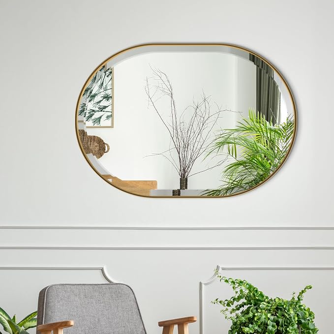 POZINO Oval Beveled Mirror, 22"x30" Brushed Gold Bathroom Vanity Mirror Over Sink, Pill Shaped Capsule Wall Mounted Mirrors for Living Room Bedroom Entryway, Hangs Vertically or Horizontally