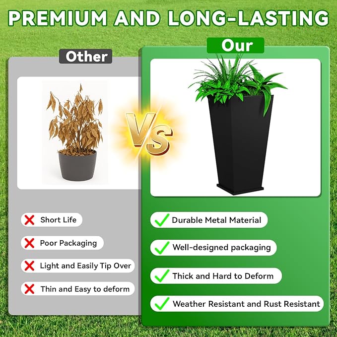 Metal Planter 2 Pack, 15L x 15W x 30H, Heavy Duty Tall Planters for Outdoor Plants, Black Planters with Removable Insert Shelf, Large Planters with Drainage Holes for Porch, Patio, Black